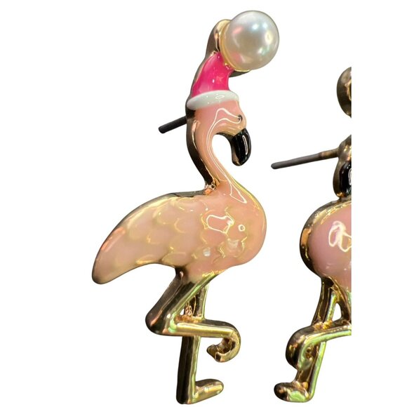 Betsey Johnson Pink Flamingo Stud Earrings Santa Hat Pearl Christmas Whimsical - Picture 11 of 11